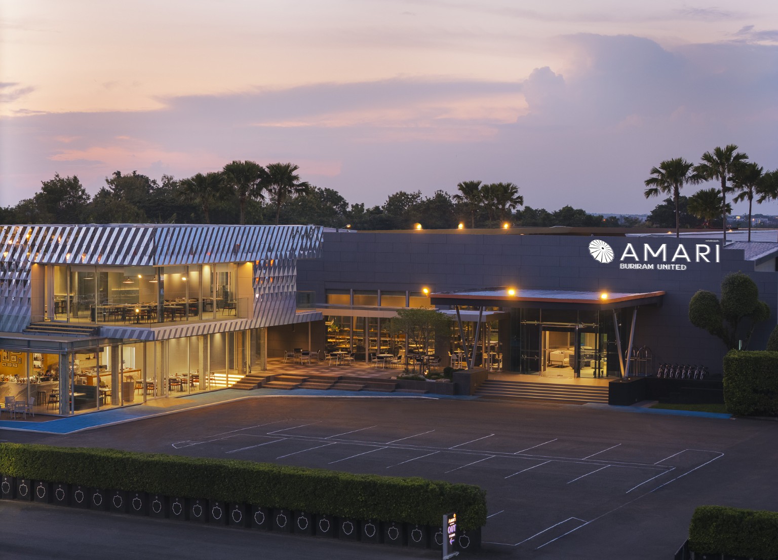 Twilight exterior of Amari Buriram United photographed by PharadonPhap hotel photography team